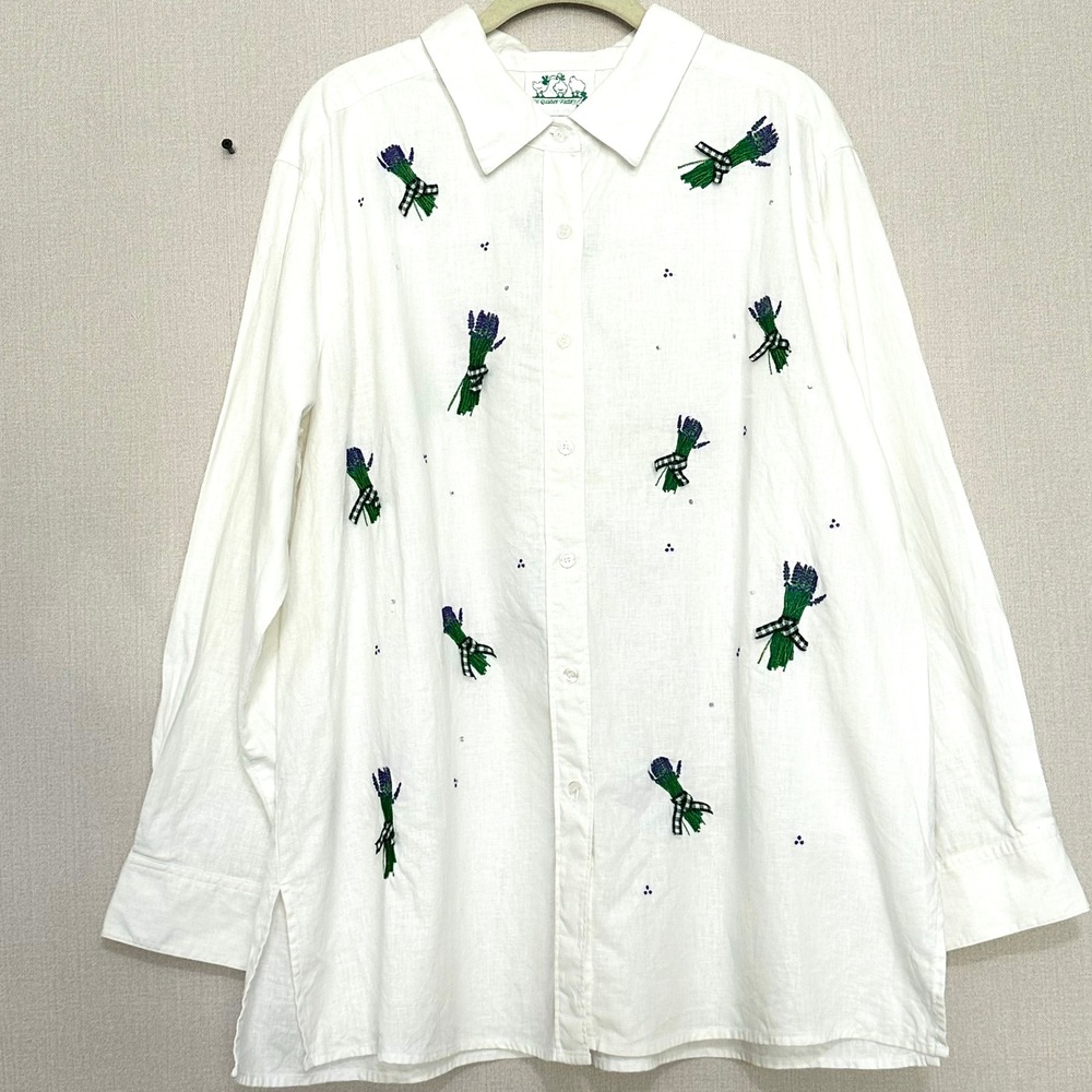 The Quacker Factory White Linen Cotton Embroidered Flowers Button Up Shirt 1X